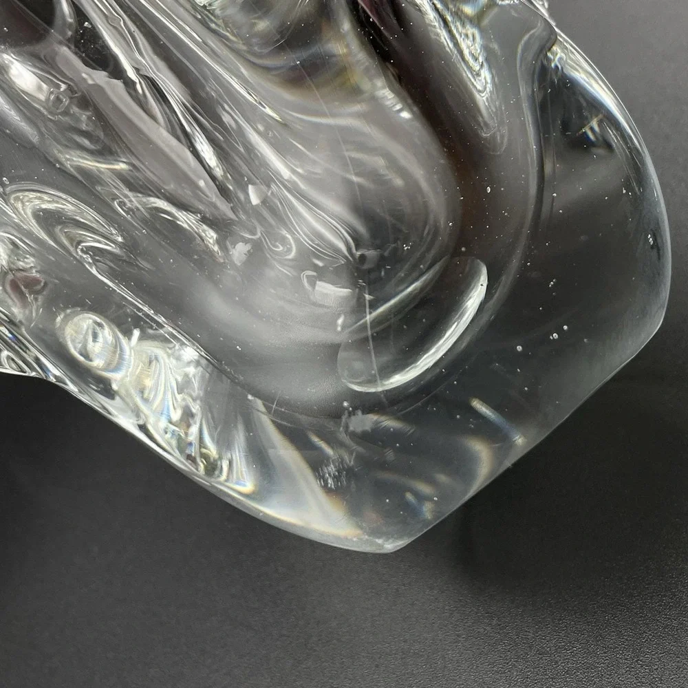 Vintage Hand Blown Art Glass Basket Clear Split Handle Basket Vase‎
